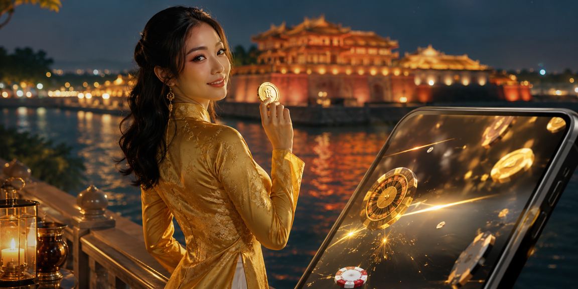 Người dùng Việt Nam trải nghiệm casino di động trong trang phục áo dài truyền thống tại Huế